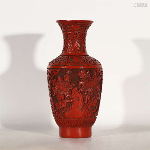 CHINESE CINNABAR CARVED LACQUERWARE VIEWS VASE