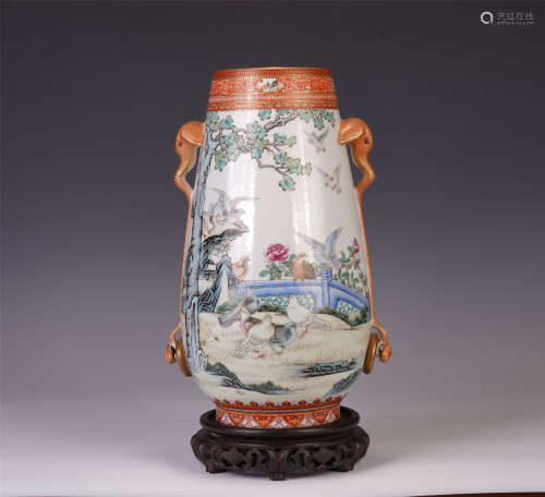 A CHINESE FAMILLE ROSE KAIGUANG FLOWER AND BIRD PATTERN ZUN WITH TWO EARS