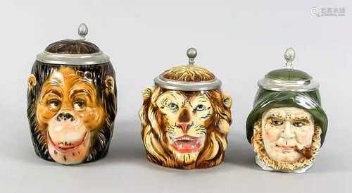 Three joke jugs, joke jug lion head