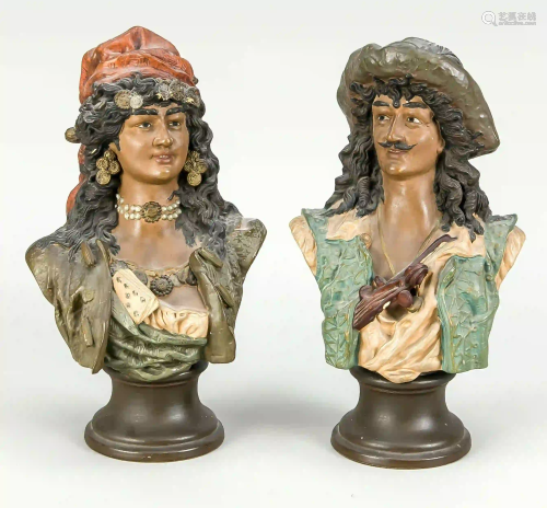 Pair of busts, gypsy couple, w. Uff