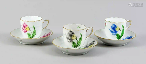 Three demitasse cups with saucers,