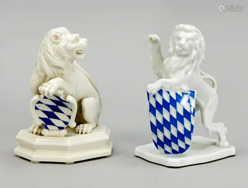 Two Bavarian lions, 20th c., white,