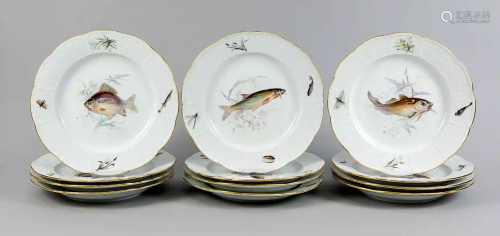 Twelve fish plates, Meissen, marks