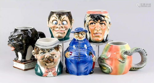 Six beer mugs as joke mugs, without