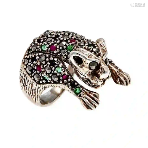 Marcasite-emerald-ruby ring, silve