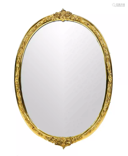 Oval mirror, 20th c., brass frame w