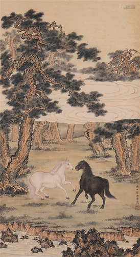 CHINESE SCROLL PAINTING OF FINE HORSES IN FOREST