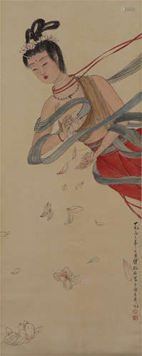 CHINESE SCROLL PAINTING OF THE HEAVENLY MAIDS SCATTER BLOSSOMS