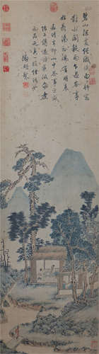 CHINESE SCROLL PAINTING OF FIGURES IN MOUNTAINS