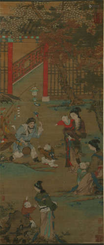 CHINESE SCROLL PAINTING OF FIGURE STORY IN THE COURTYARD