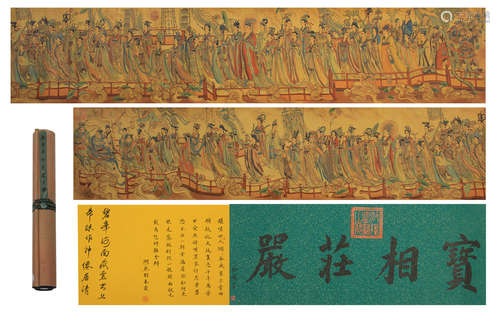 CHINESE LONG SCROLL PAINTING OF FIGURES STORY AND CALLIGRAPHY