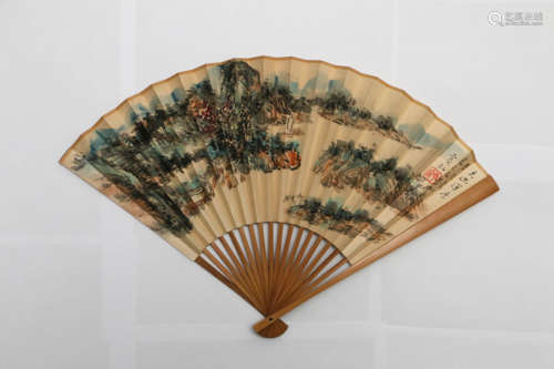 CHINESE FOLDING FAN WITH PAINTING OF MOUNTAINS LANDSCAPE