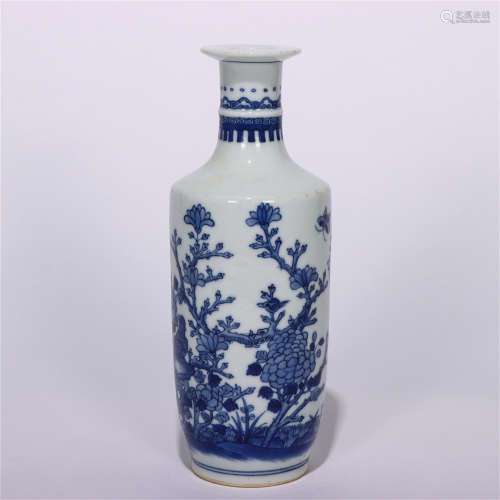 CHINESE BLUE&WHITE FLOWER AND BIRD PATTERN ROUND MALLET BOTTLE VASE