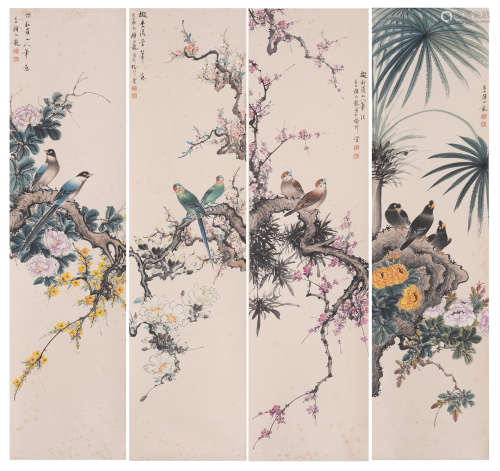 FOUR PANELS OF CHINESE SCROLL COLORFUL PAINTING FLOWERS AND BIRD  S