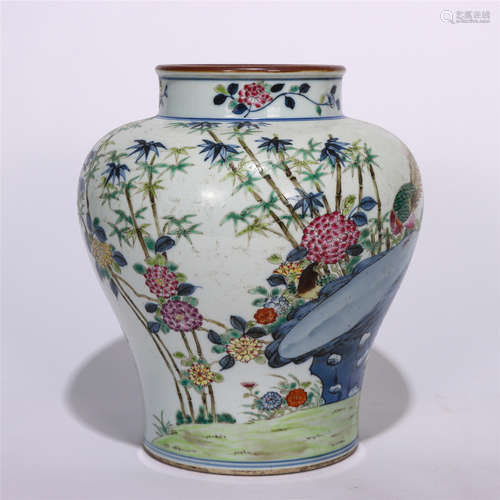 CHINESE BLUE&WHITE CONTENDING COLORS GLAZE JAR WITH FLOWER AND BIRD PATTERN