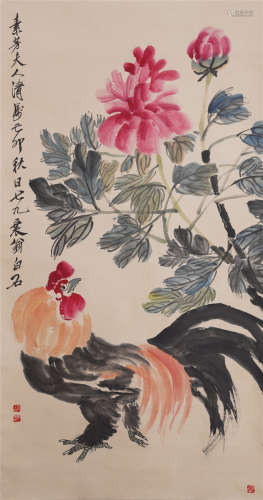 CHINESE SCROLL OF PAINTING COCK AND FLOWERS