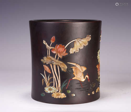 A CHINESE ZITAN INLAID GEMSTONES BRUSH POT LOTUS AND CRANE PATTERN