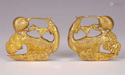 PAIR OF CHINESE PHOENIX SHAPE GILT BRONZE ORNAMENTS