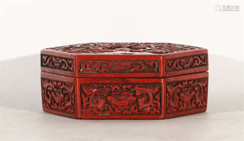 CHINESE HEXAGONAL CINNABAR CARVED LACQUERWARE BOX