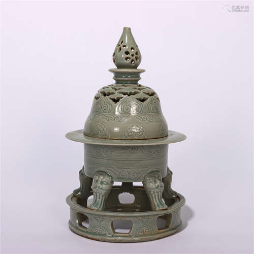 CHINESE YUE KILN OPENWORK INCENSE CENSER CARVED PROPITIOUS CLOUDS PATTERN