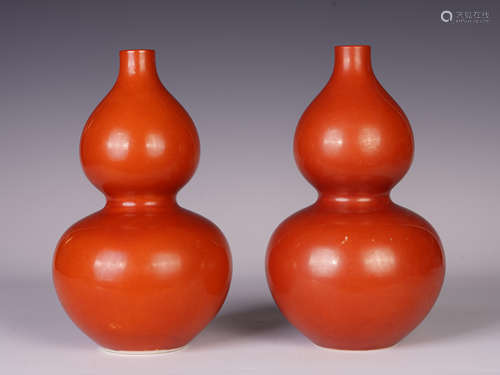 PAIR OF CHINESE CORAL RED GLAZE GOURD VASES