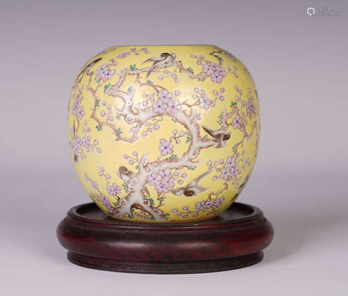 A CHINESE FAMILLE ROSE WATER BOWL WITH MAGPIES IN PLUM BLOSSOM