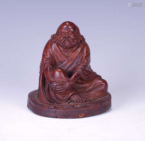 A CHINESE BAMBOO ROOT CARVING LUOHAN SEATED STATUE