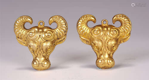 PAIR OF CHINESE CATTLE HEAD SHAPE GILT BRONZE ORNAMENTS