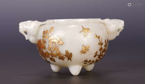 A CHINESE WHITE JADE GOLD PAINTED FLOWER AND BIRD PATTERN  DOUBLE HANDLE CENSER