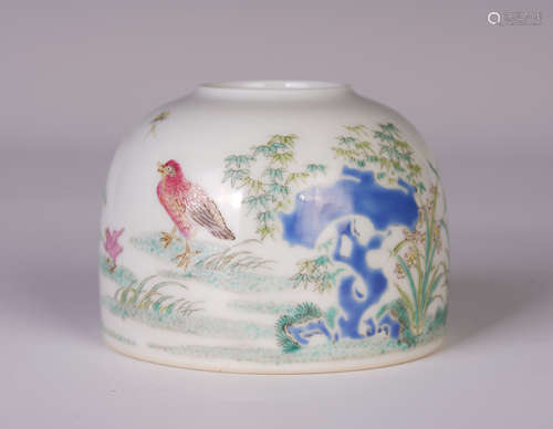 A CHINESE FAMILLE ROSE WATER BOWL ORCHID STONE FLOWER AND BIRD PATTERN