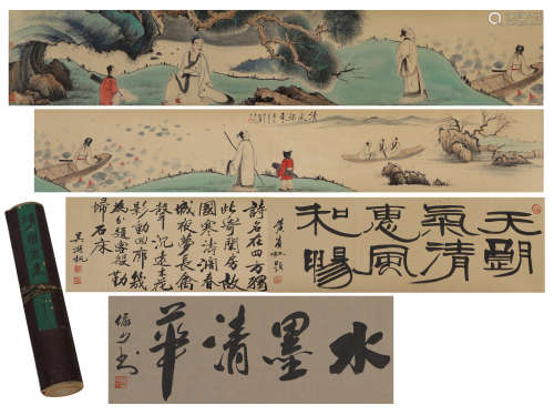 CHINESE LONG SCROLL PAINTING OF FIGURE STORY AND CALLIGRAPHY