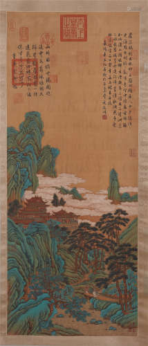 CHINESE SCROLL PAINTING OF BLUE AND GREEN MOUNTAINS