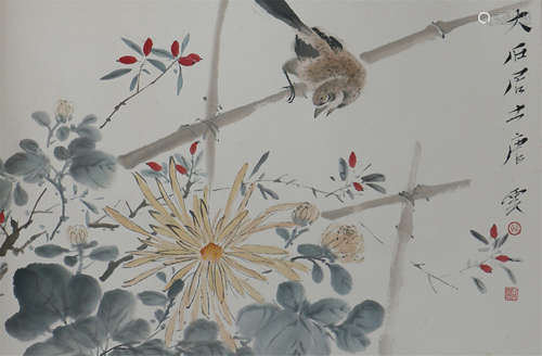 CHINESE SCROLL PAINTING OF FLOWERS AND BIRD