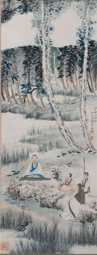 CHINESE SCROLL PAINTING OF SCHOLAR'S PLAYING MUSIC BESIDES RIVER
