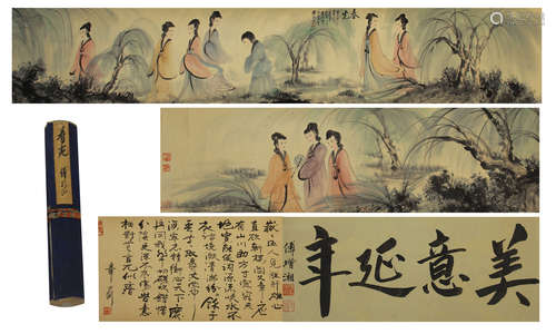 CHINESE LONG SCROLL PAINTING OF FIGURE STORY AND CALLIGRAPHY