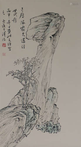 CHINESE SCROLL PAINTING OF STONES AND SMALL TREE