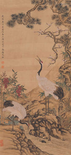 CHINESE SCROLL PAINTING OF PINE AND CRANE