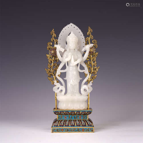 A CHINESE WHITE JADE GUANYIN STANDING STATUE WITH ENAMEL PEDESTAL