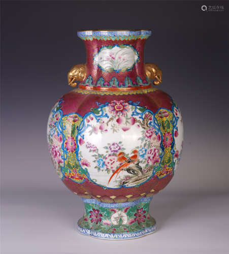 A CHINESE ENAMEL FLOWER FLOWER AND BIRD PATTERN DOUBLE HANDLE  VASE