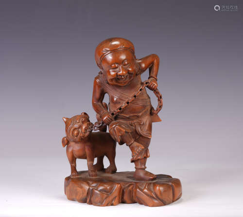 A CHINESE CARVED FIGURE SHAPE BOXWOOD TABLE ITEM