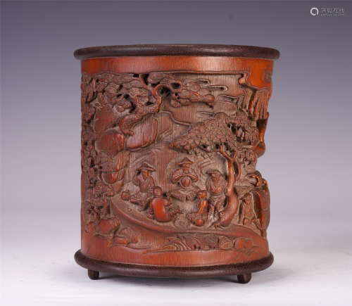A CHINESE BAMBOO CARVING FIGURE STORY BRUSH POT