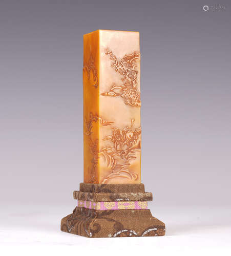 A CHINESE TIANHUANG SEAL CARVED MOUNTAINS LANDSCAPE