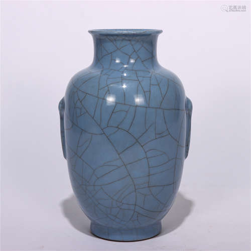 CHINESE SINGLE COLOUR CRACKED GLAZE WAX GOURD VASE WITH DOUBLE EARS