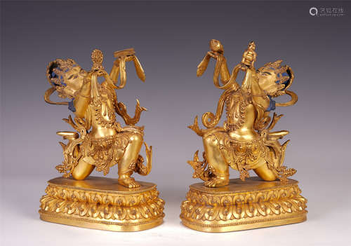 PAIR OF CHINESE GILT BRONZE BUDDHIST GUARDIAN STATUE