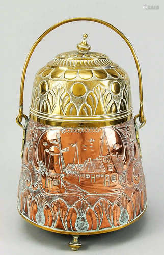 Brass and copper lidded pot, probab