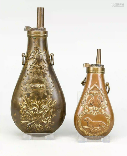 2 powder flasks, 19th c., 1 x US mi