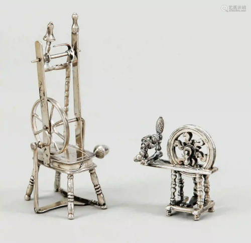 Two miniature spinning wheels, 20th