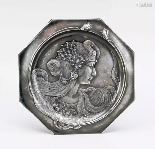 Art Nouveau pewter plate, c. 1900.