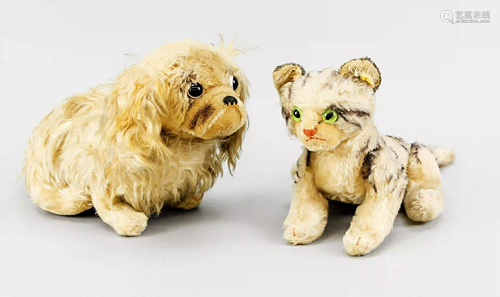 2 Steiff animals, cat and dog, mid-