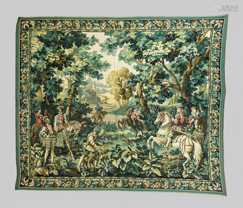 Hunting tapestry, 20th c. Multi-fig